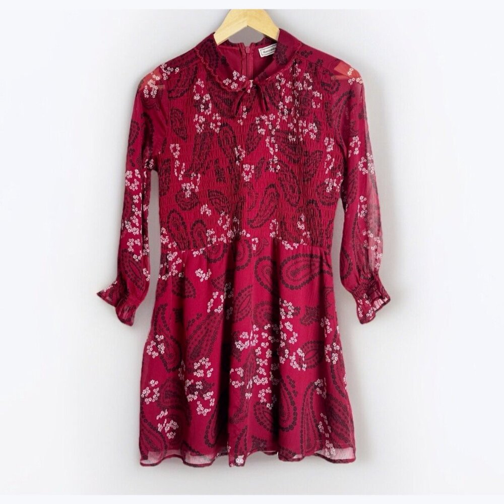 Abercrombie & Fitch Red Paisley Collared Bow Neck Smocked Mini Dress Small